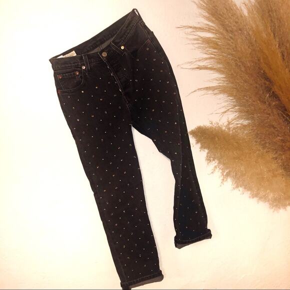 NEW LEVIS 501 Original Cropped Studded Black High Rise Straight Denim Jeans 25 - Picture 2 of 8